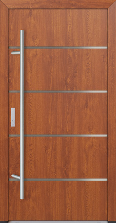 Drzwi zewnętrzne wejściowe do domu stalowo aluminiowe 82 mm DS82 pełne z okuciami inox złoty dąb Program Czyste Powietrze M02