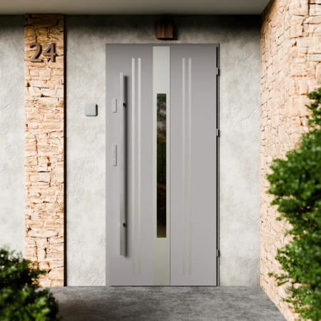 Drzwi zewnętrzne stalowe do domu Elegant Inox 72mm z antabą/pochwytem energooszczędne Ud=1.3 lustro weneckie szyba mleczna Program Czyste Powietrze