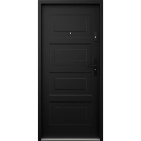 Drzwi wewnątrzklatkowe antywłamaniowe RC3 z Certyfikatem akustyczne wyciszające 47 dB 55 mm stalowe z tłoczeniami z czarną klamką czarne T34