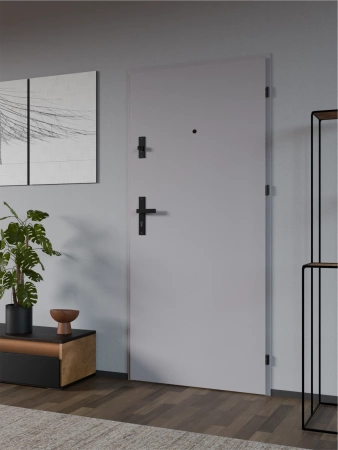 Drzwi wewnątrzklatkowe antywłamaniowe RC3 z Certyfikatem akustyczne wyciszające 47 dB 55 mm stalowe z klamką czarną i aplikacjami szare A7