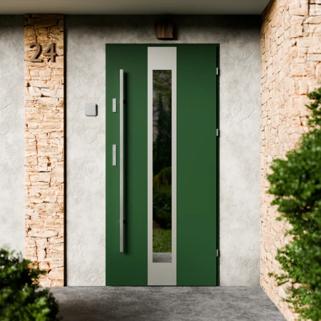 Drzwi zewnętrzne stalowe do domu Modern Inox 72mm z antabą/pochwytem energooszczędne Ud=1.3 lustro weneckie szyba mleczna Program Czyste Powietrze