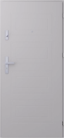 Drzwi wewnątrzklatkowe antywłamaniowe RC3 z Certyfikatem akustyczne wyciszające 47 dB 55 mm stalowe z tłoczeniami z klamką inox srebrną szare T34