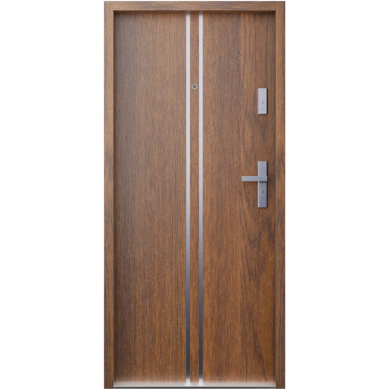 Ekonomiczne drzwi wewnątrzklatkowe wejściowe do mieszkania z klatki schodowej 55 mm stalowe orzech A7