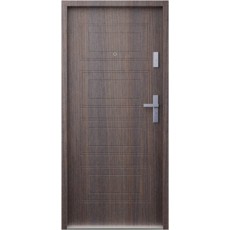 Drzwi wewnątrzklatkowe akustyczne wyciszające 47 dB antywłamaniowe RC3 55 mm stalowe z tłoczeniami z klamką inox srebrną dąb bagienny T34