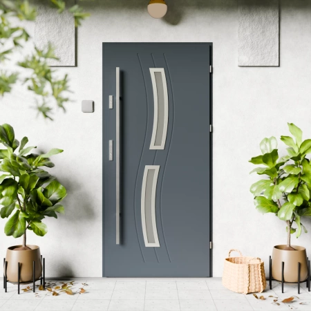 Drzwi zewnętrzne stalowe do domu Twista Inox 72 mm z antabą/pochwytem energooszczędne Ud=1.3 lustro weneckie szyba mleczna Program Czyste Powietrze