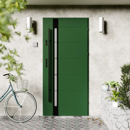 Drzwi zewnętrzne stalowe do domu Toreno Black 72mm z antabą/pochwytem energooszczędne Ud=1.3 lustro weneckie szyba mleczna Program Czyste Powietrze