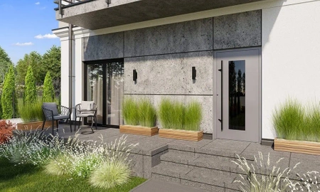 Drzwi zewnętrzne wejściowe domu aluminiowe na wymiar 90mm RC2 pochwyt/antaba Premium KOBBE energooszczędne RAL na zamówienie czerwono brązowe M211