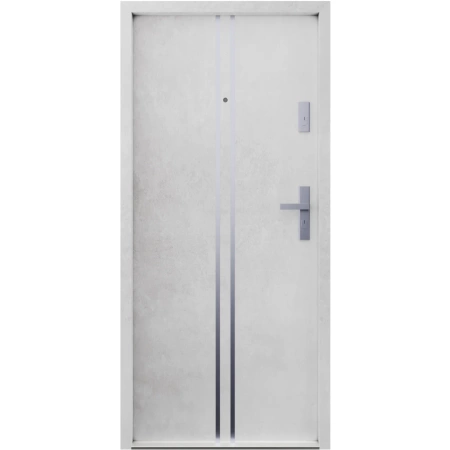 Drzwi wewnątrzklatkowe antywłamaniowe RC3 z Certyfikatem akustyczne wyciszające 47 dB 55 mm stalowe z klamką inox srebrną i aplikacjami beton A7