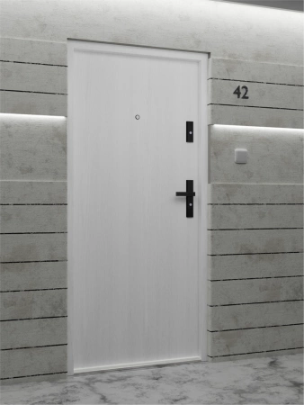 Drzwi wewnątrzklatkowe antywłamaniowe RC3 z Certyfikatem akustyczne wyciszające 47 dB 55 mm stalowe gładkie z klamką czarną biały drewnopodobny G00