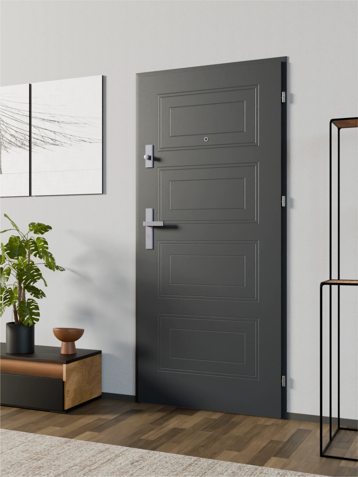 Ekonomiczne drzwi wewnątrzklatkowe wejściowe do mieszkania z klatki schodowej 55 mm stalowe antracyt db703 T34