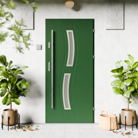 Drzwi zewnętrzne stalowe do domu Twista Inox 72 mm z antabą/pochwytem energooszczędne Ud=1.3 lustro weneckie szyba mleczna Program Czyste Powietrze