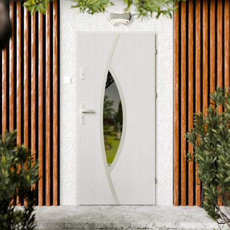 Drzwi zewnętrzne stalowe do domu Maestro Inox 72mm z klamką srebrną energooszczędne Ud=1.3 lustro weneckie szyba mleczna Program Czyste Powietrze