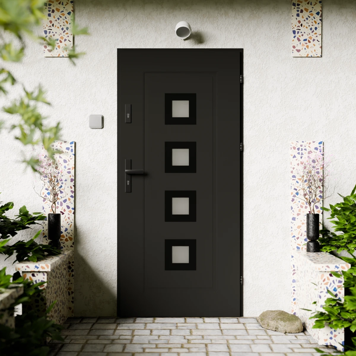 Drzwi zewnętrzne stalowe do domu Quarto Black 72mm z klamką czarną energooszczędne Ud=1.3 reflex szary szyba mleczna Program Czyste Powietrze