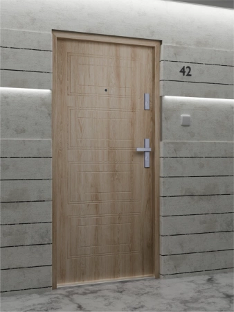 Drzwi wewnątrzklatkowe antywłamaniowe RC3 z Certyfikatem akustyczne wyciszające 47 dB 55 mm stalowe z tłoczeniami z klamką inox srebrną dąb turner T34