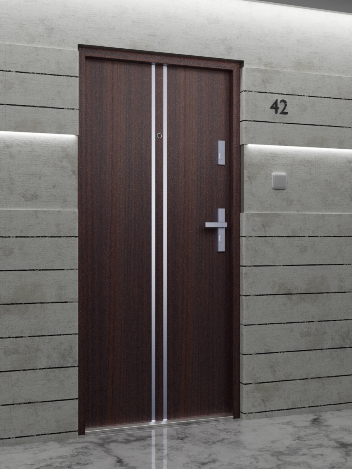 Ekonomiczne drzwi wewnątrzklatkowe wejściowe do mieszkania z klatki schodowej 55 mm stalowe mahoń A7