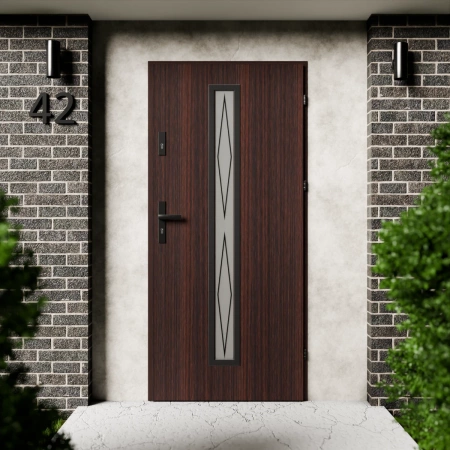 Drzwi zewnętrzne stalowe do domu Witro Black 72mm z klamką czarną energooszczędne Ud=1.3 szyba z nadrukiem ceramicznym Program Czyste Powietrze