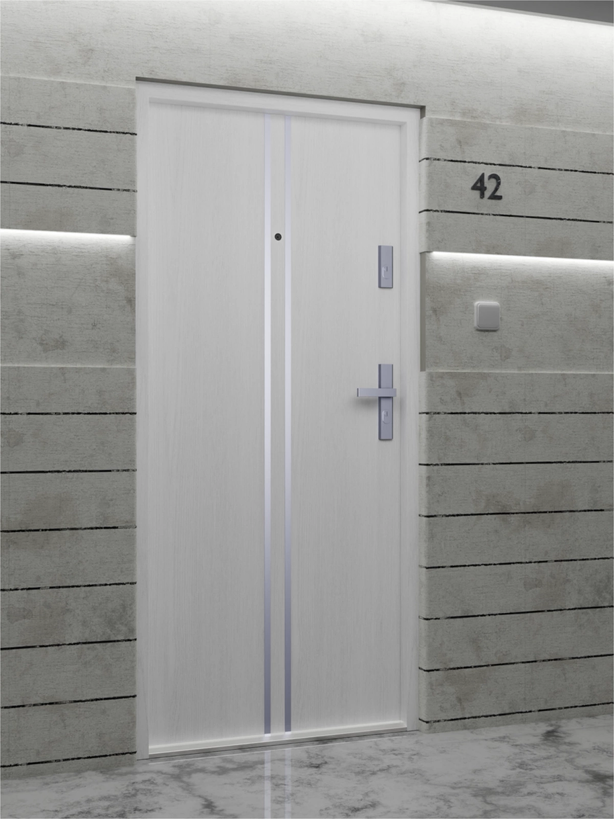 Drzwi wewnątrzklatkowe antywłamaniowe w klasie RC4 55 mm stalowe z klamką i zawiasami srebrnymi inox biały drewnopodobny A7