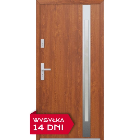 Drzwi zewnętrzne do domu stalowo aluminiowe 68 mm z szybą i okuciami inox ATU68 złoty dąb Program Czyste Powietrze M504