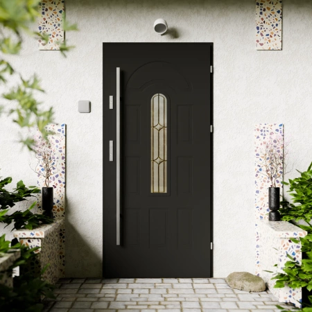 Drzwi zewnętrzne stalowe do domu Retro Inox 72mm z antabą/pochwytem energooszczędne Ud=1.3 przeszklone Program Czyste Powietrze