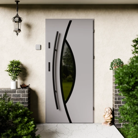 Drzwi zewnętrzne stalowe do domu Maestro Black 72mm z antabą/pochwytem energooszczędne Ud=1.3 lustro weneckie szyba mleczna Program Czyste Powietrze