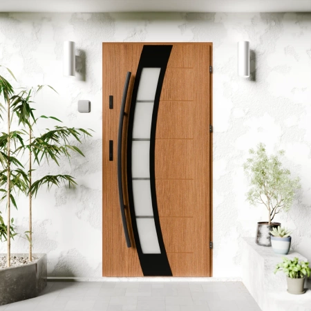 Drzwi zewnętrzne stalowe do domu Efekta Black 72mm z antabą/pochwytem energooszczędne Ud=1.3 lustro weneckie szyba mleczna Program Czyste Powietrze