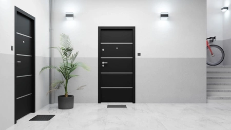 Drzwi klatkowe wejściowe do mieszkania w bloku akustyczne wyciszające 44 dB antywłamaniowe w klasie RC3 68mm dymoszczelne stalowe antracyt db703 M00