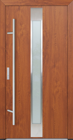 Drzwi zewnętrzne wejściowe do domu stalowo aluminiowe 82 mm DS82 przeszklone z okuciami inox złoty dąb Program Czyste Powietrze M05