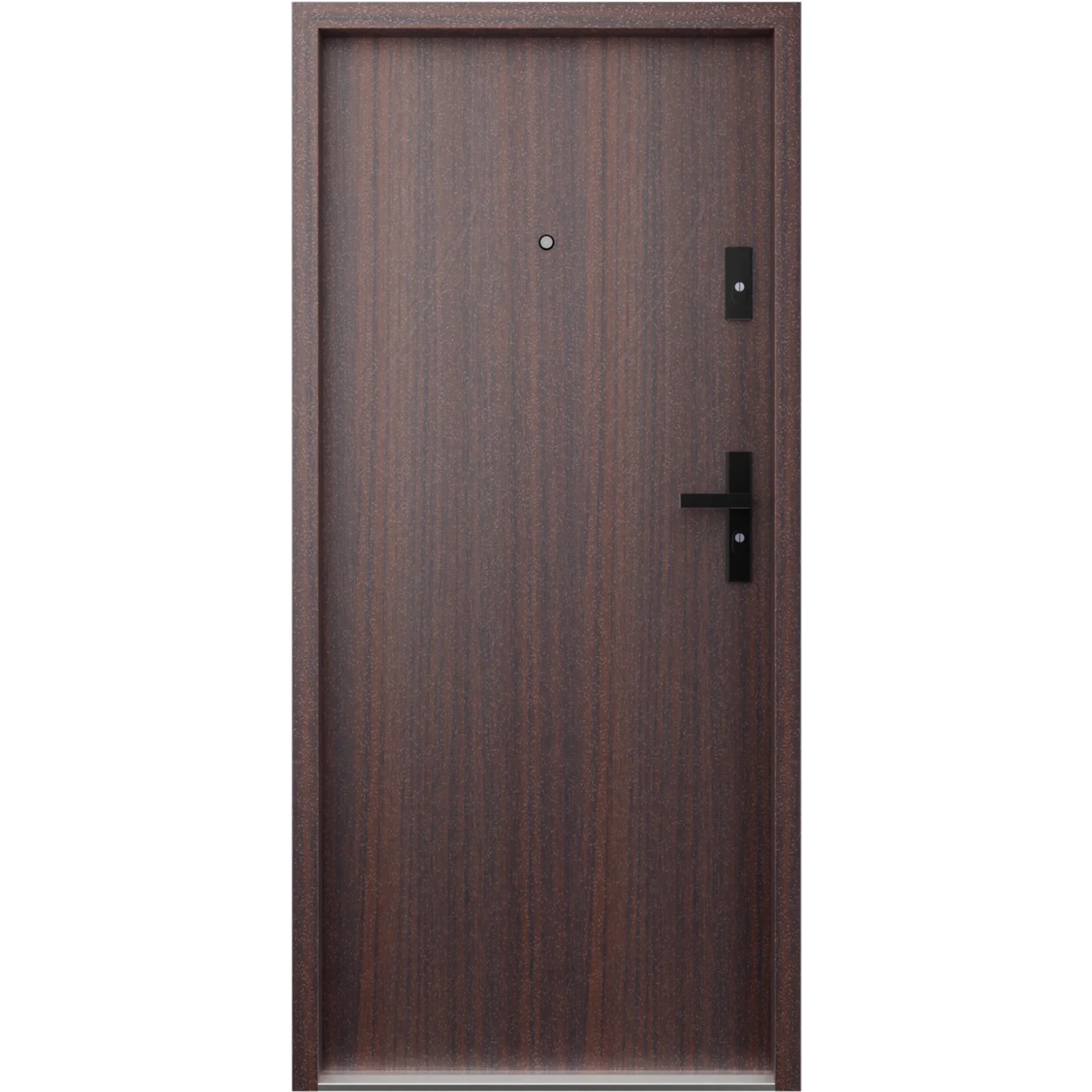 Drzwi wewnątrzklatkowe akustyczne wyciszające 47 dB z Certyfikatem antywłamaniowe RC3 55 mm stalowe gładkie z klamką czarną mahoń G00