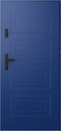 Drzwi wewnątrzklatkowe antywłamaniowe RC3 z Certyfikatem akustyczne wyciszające 47 dB 55 mm stalowe z tłoczeniami z klamką czarną niebieskie T34