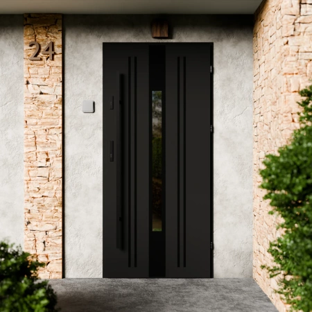 Drzwi zewnętrzne stalowe do domu Elegant Black 72mm z antabą/pochwytem energooszczędne Ud=1.3 lustro weneckie szyba mleczna Program Czyste Powietrze