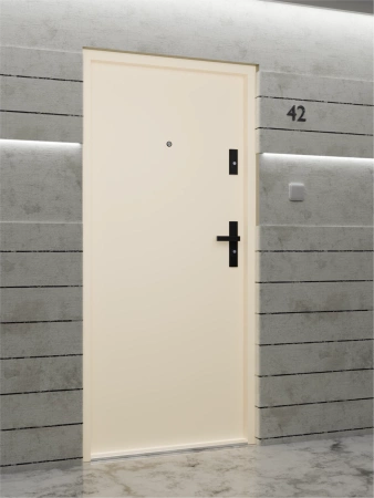 Drzwi wewnątrzklatkowe antywłamaniowe RC3 z Certyfikatem akustyczne wyciszające 47 dB 55 mm stalowe gładkie z klamką czarną beżowe G00