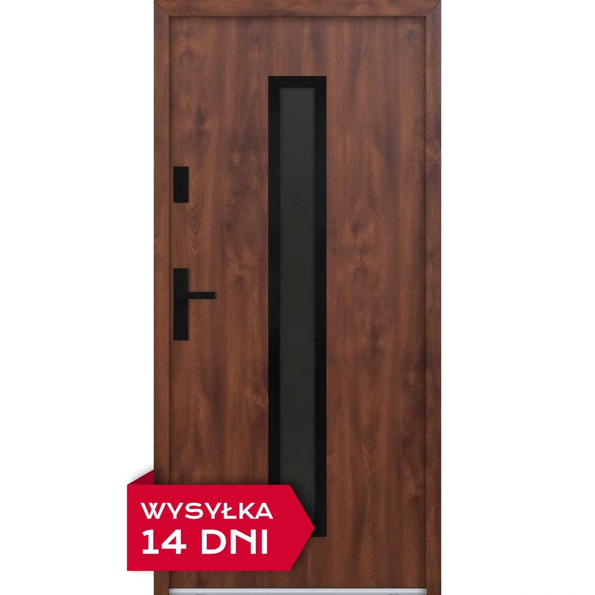 Drzwi zewnętrzne do domu stalowo aluminiowe 68 mm z szybą i klamką czarną ATU68 orzech Program Czyste Powietrze M620