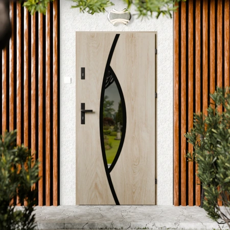 Drzwi zewnętrzne stalowe do domu Maestro Black 72mm z klamką czarną energooszczędne Ud=1.3 lustro weneckie szyba mleczna Program Czyste Powietrze