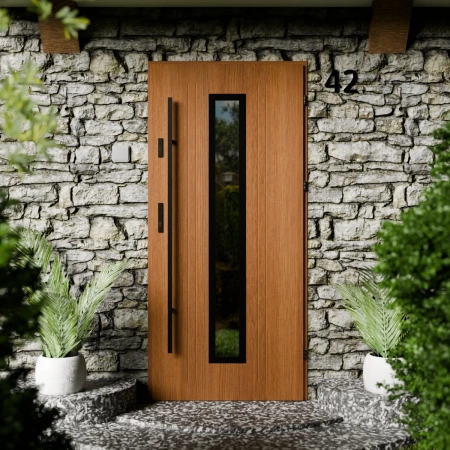 Drzwi zewnętrzne stalowe do domu Presto Black 72mm z antabą/pochwytem energooszczędne Ud=1.3 lustro weneckie szyba mleczna Program Czyste Powietrze