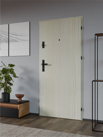 Drzwi wewnątrzklatkowe antywłamaniowe RC3 z Certyfikatem akustyczne wyciszające 47 dB 55 mm stalowe z klamką czarną i aplikacjami dąb bielony A7