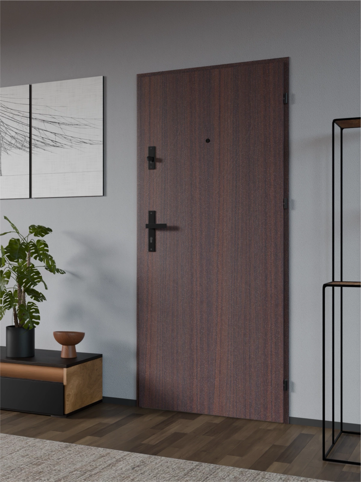 Ekonomiczne drzwi wewnątrzklatkowe wejściowe do mieszkania z klatki schodowej 55 mm stalowe mahoń A7