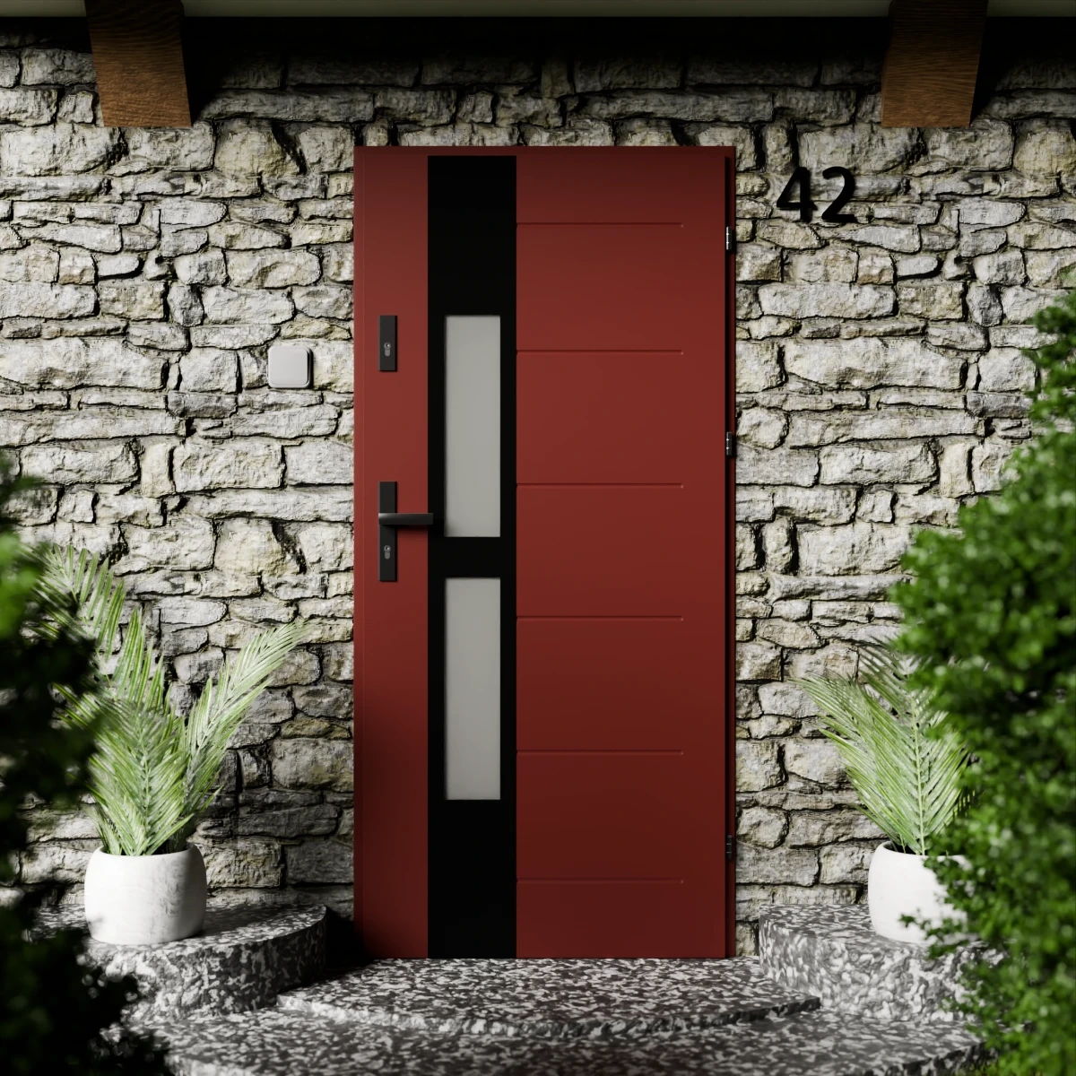 Drzwi zewnętrzne stalowe do domu Anda Black 72mm z klamką czarną energooszczędne Ud=1.3 lustro weneckie szyba mleczna Program Czyste Powietrze