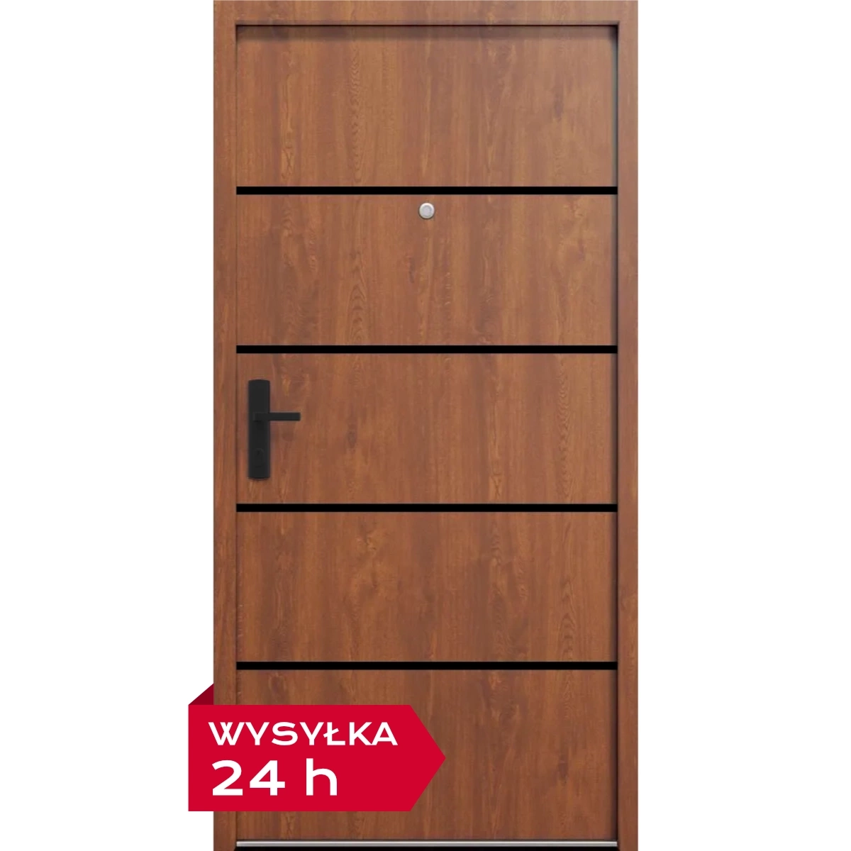 Drzwi wewnątrzklatkowe akustyczne 44 dB atestowane wyciszające stalowe antywłamaniowe RC3 68 mm dymoszczelne czarna klamka złoty dąb M02