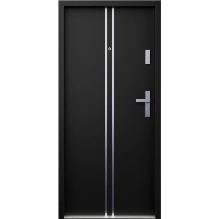 Drzwi wewnątrzklatkowe antywłamaniowe RC3 z Certyfikatem akustyczne wyciszające 47 dB 55 mm stalowe z klamką inox srebrną i aplikacjami czarne A7