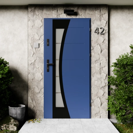 Drzwi zewnętrzne stalowe do domu Optima Black 72mm z klamką czarną energooszczędne Ud=1.3 lustro weneckie szyba mleczna Program Czyste Powietrze