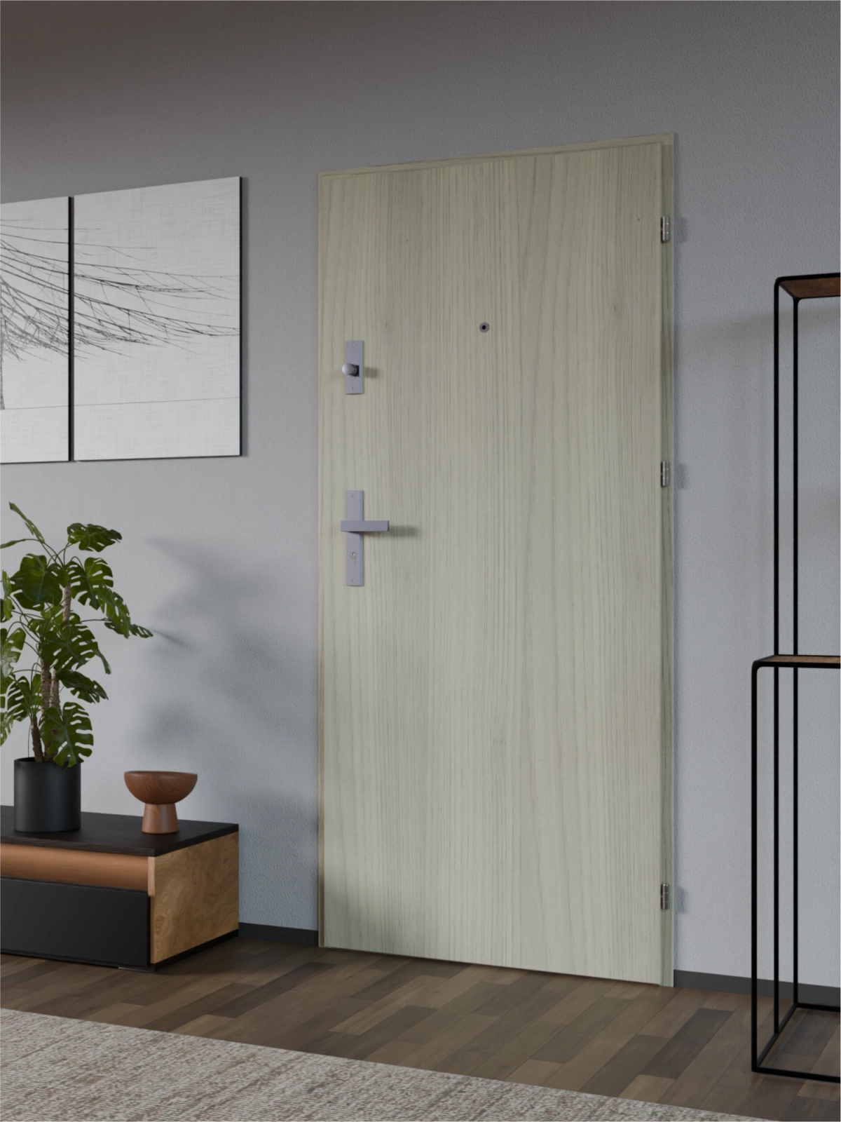 Drzwi wewnątrzklatkowe antywłamaniowe w klasie RC4 55 mm stalowe z klamką i zawiasami srebrnymi inox dąb sheffield A7