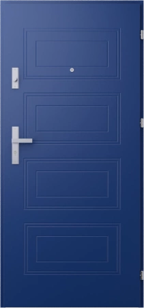 Drzwi wewnątrzklatkowe antywłamaniowe RC3 z Certyfikatem akustyczne wyciszające 47 dB 55 mm stalowe z tłoczeniami z klamką inox srebrną niebieskie T34