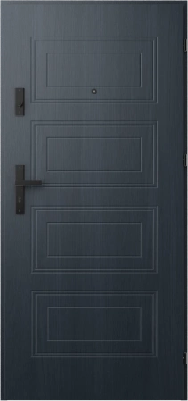 Drzwi wewnątrzklatkowe akustyczne wyciszające 47 dB antywłamaniowe RC3 55 mm stalowe z tłoczeniami z klamką czarną antracyt drewnopodobny T34