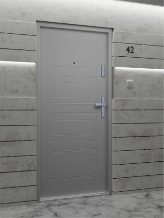 Drzwi wewnątrzklatkowe antywłamaniowe RC3 z Certyfikatem akustyczne wyciszające 47 dB 55 mm stalowe z tłoczeniami z klamką inox srebrną szare T34