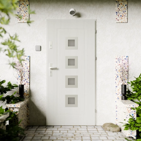 Quarto Inox CK drzwi zewnętrzne 72 mm z klamką energooszczędne Ud-1.3 przeszklone reflex brązowy i szary szyba mleczna Program Czyste Powietrze