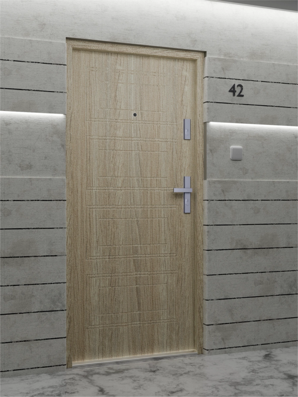 Ekonomiczne drzwi wewnątrzklatkowe wejściowe do mieszkania z klatki schodowej 55 mm stalowe dąb sonoma T34