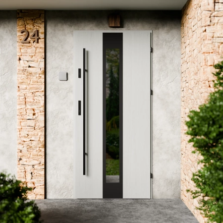 Drzwi zewnętrzne stalowe do domu Modern Black 72mm z antabą/pochwytem energooszczędne Ud=1.3 lustro weneckie szyba mleczna Program Czyste Powietrze