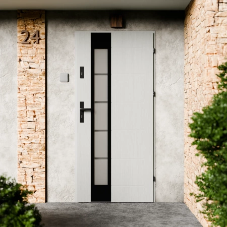 Drzwi zewnętrzne stalowe do domu Sanda Black 72mm z klamką czarną energooszczędne Ud=1.3 lustro weneckie szyba mleczna Program Czyste Powietrze