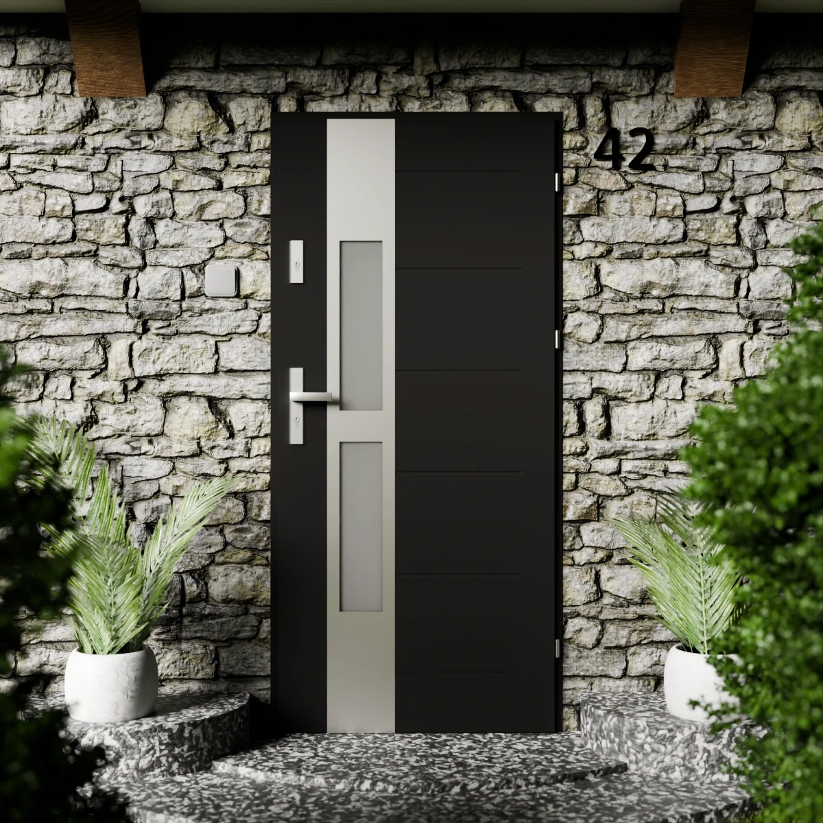 Drzwi zewnętrzne stalowe do domu Anda Inox 72mm z klamką energooszczędne Ud=1.3 lustro weneckie szyba mleczna Program Czyste Powietrze