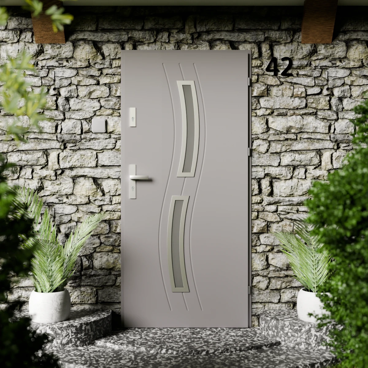 Drzwi zewnętrzne stalowe do domu Twista Inox 72mm z klamką energooszczędne Ud=1.3 lustro weneckie szyba mleczna Program Czyste Powietrze